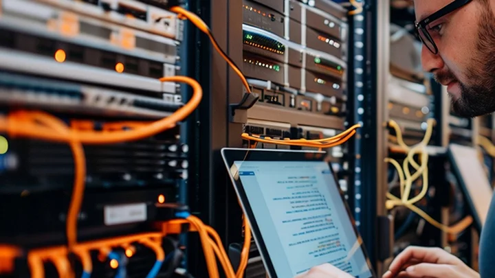 Sistem odasında dizüstü bilgisayarla teknik servis çalışması